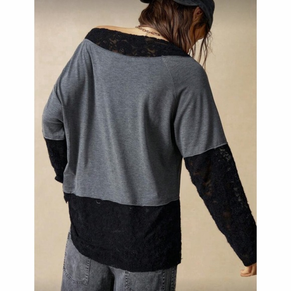 Charcoal and Black Lace Detail Soft Oversized One Shoulder Pleating Top - Picture 5 of 5